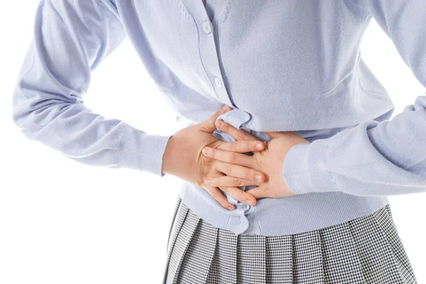 Woman Suffering Stomach Ache White Background — Stock Photo, Image