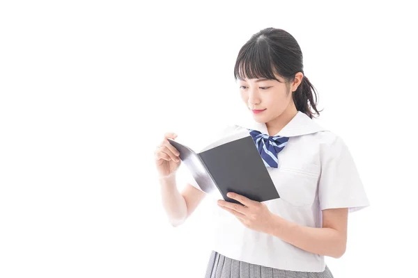 Ritratto Asiatica Giovane Donna Uniforme Scolastica Tenuta Libro Isolato Sfondo — Foto Stock