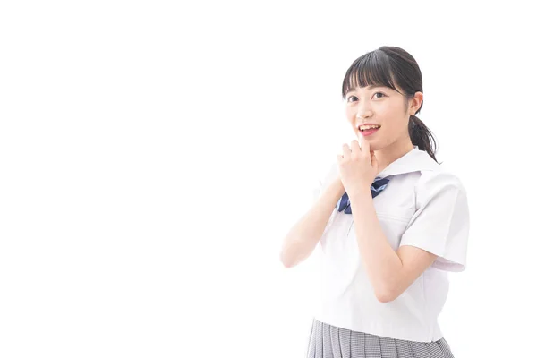 Retrato Asiático Jovem Mulher Escola Uniforme Isolado Branco Fundo — Fotografia de Stock