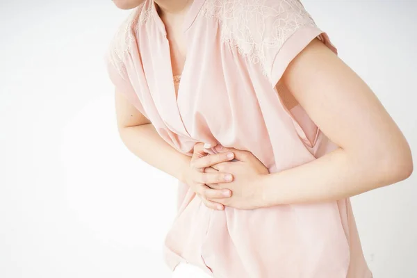 Woman Suffering Stomach Ache White Background — Stock Photo, Image