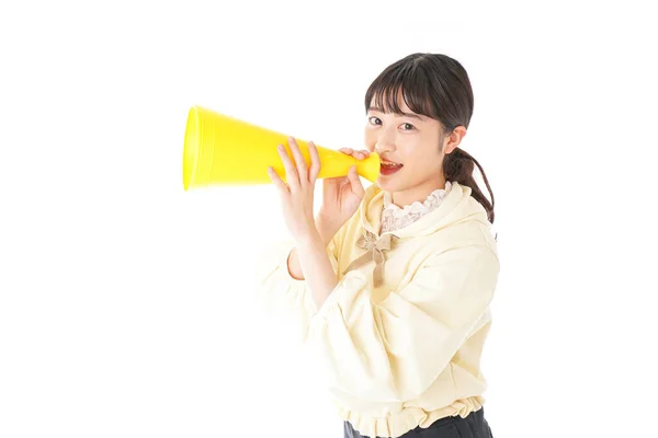 Retrato Asiático Jovem Mulher Com Amarelo Megafone Isolado Branco Fundo — Fotografia de Stock