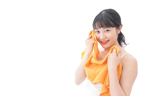 Porträt Einer Schönen Jungen Asiatin Mit Orangefarbenem Handtuch Auf Weißem — Stockfoto
