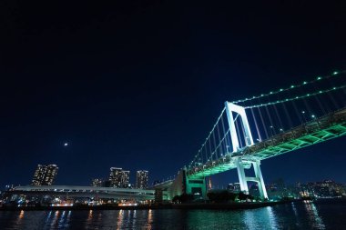 Tokyo şehrinin gökyüzü ve gece aydınlanan köprüsü 