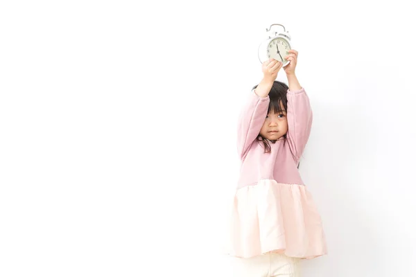 Little Girl Holding Alarm Clock — Stock Photo, Image