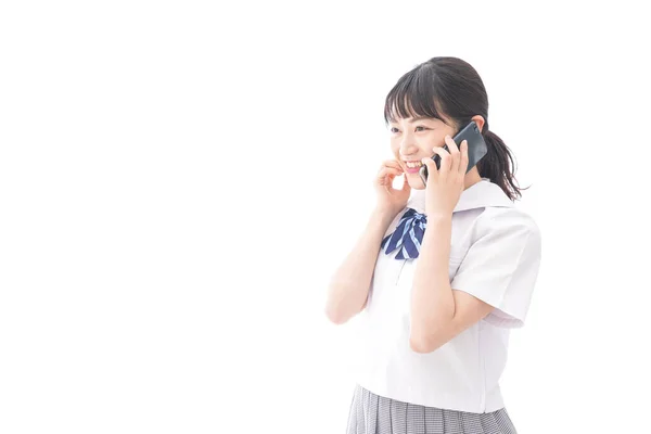 Портрет Азиатской Девушки Школьной Форме Разговаривающей Телефону — стоковое фото