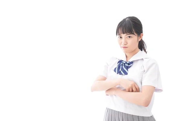 Retrato Mujer Joven Asiática Uniforme Escolar Aislado Sobre Fondo Blanco — Foto de Stock