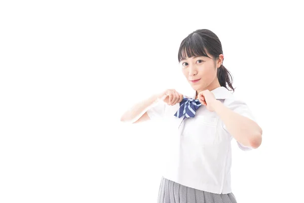 Retrato Mujer Joven Asiática Uniforme Escolar Aislado Sobre Fondo Blanco — Foto de Stock