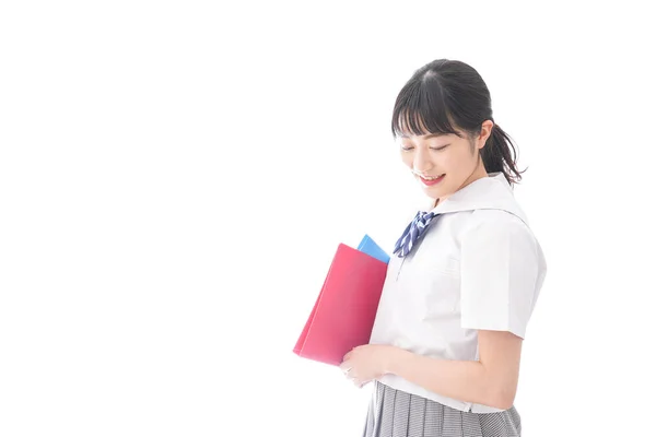 Retrato Mujer Joven Asiática Uniforme Escolar Sosteniendo Carpetas Aisladas Sobre — Foto de Stock