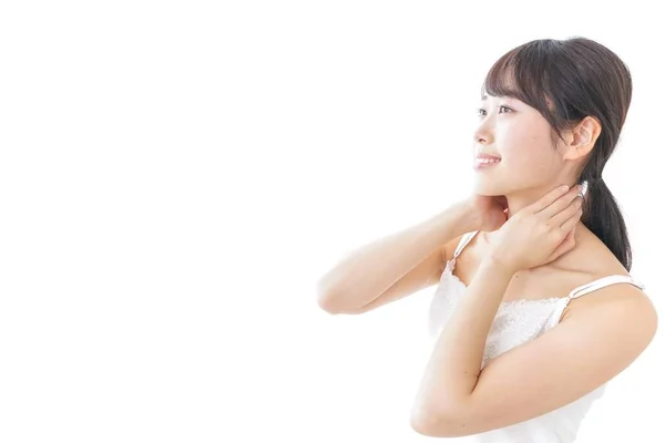 Portrait Asian Young Woman Touching Neck Isolated White Background — Stock Photo, Image