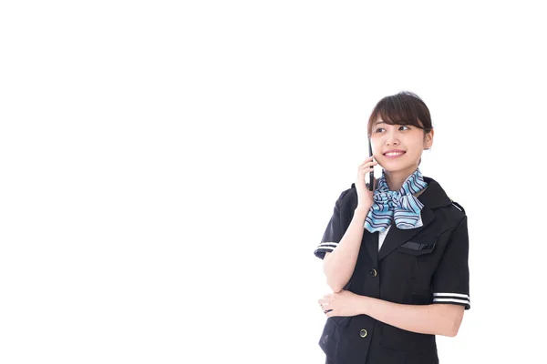 Sonriente Mujer Negocios Asiática Uniforme Con Arco Hablando Por Teléfono —  Fotos de Stock