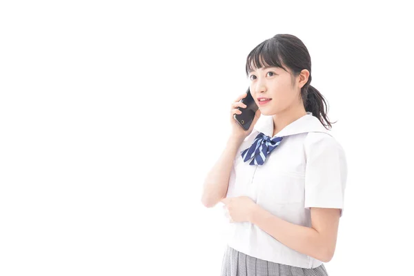 Портрет Азиатской Девушки Школьной Форме Разговаривающей Телефону — стоковое фото