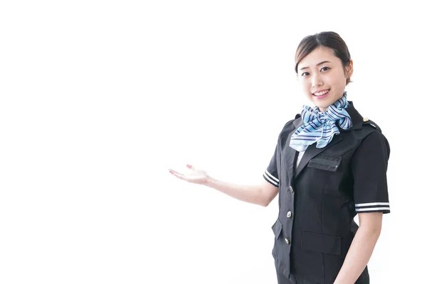 Sonriente Mujer Negocios Asiática Uniforme Con Arco Mostrando Espacio Copia —  Fotos de Stock