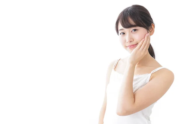 Portrait Asian Young Woman Touching Face Isolated White Background — Stock Photo, Image