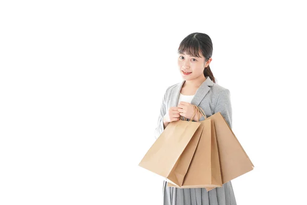 Feliz Mulher Asiática Com Sacos Compras Isolado Fundo Branco — Fotografia de Stock