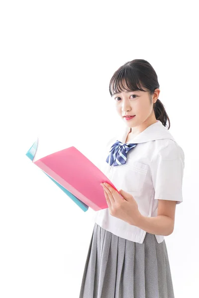 Portrait Asian Young Woman School Uniform Holding Folders Isolated White — Stock Photo, Image