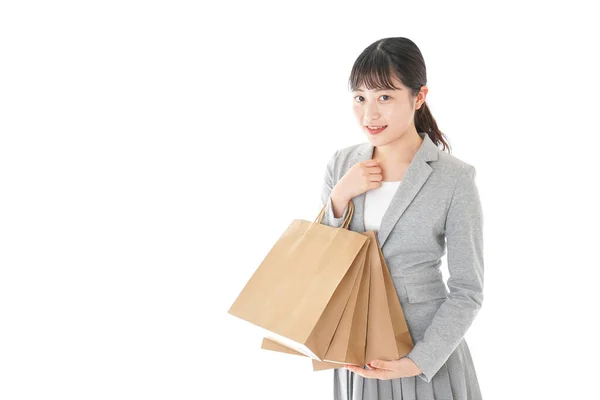 Feliz Mulher Asiática Com Sacos Compras Isolado Fundo Branco — Fotografia de Stock