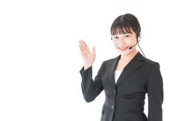 Asiática Empresária Com Fone Ouvido Trabalho Isolado Fundo Branco Atendimento — Fotografia de Stock