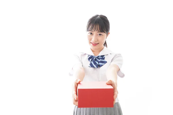 Portret Azjatki Młody Bizneswoman Gospodarstwa Czerwony Prezent Pudełko — Zdjęcie stockowe