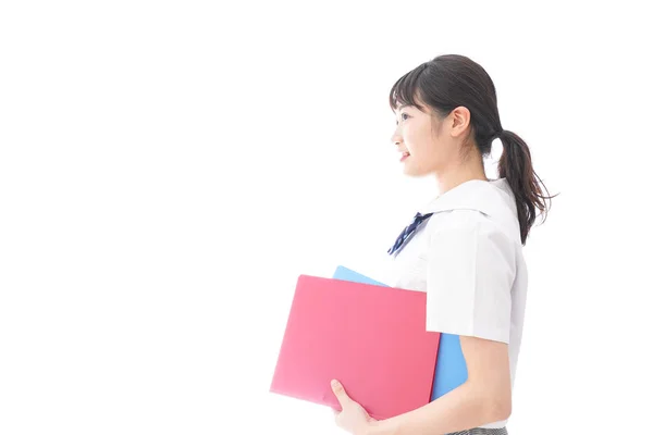 Retrato Asiático Jovem Mulher Escola Uniforme Segurando Pastas Isolado Fundo — Fotografia de Stock