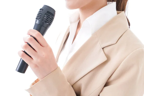 Mladá Obchodní Žena Mikrofonem Izolované Bílém Pozadí — Stock fotografie