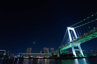 Tokyo şehrinin gökyüzü ve gece aydınlanan köprüsü 
