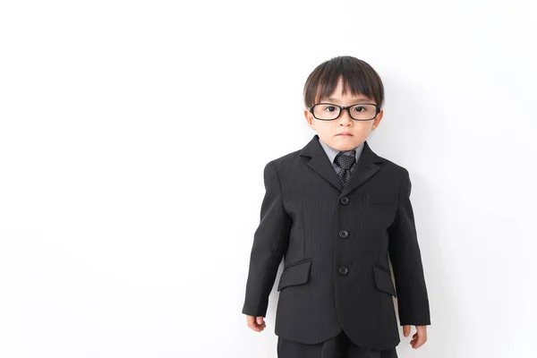 Little Boy Wearing Suit Eyeglasses Posing Studio White Background — Stock Photo, Image