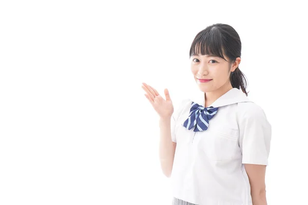 Retrato Asiático Jovem Mulher Escola Uniforme Isolado Branco Fundo — Fotografia de Stock