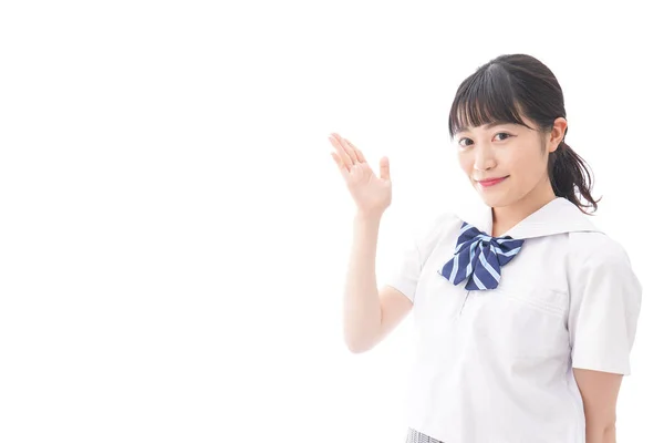 Retrato Asiático Jovem Mulher Escola Uniforme Isolado Branco Fundo — Fotografia de Stock