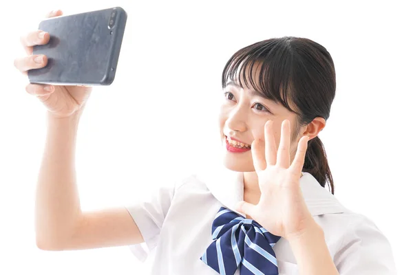 Portrét Asijské Mladé Podnikatelky Při Selfie Pomocí Smartphonu — Stock fotografie