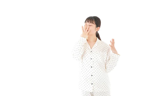 Asiatisk Ung Kvinna Pyjamas Isolerad Vit Bakgrund — Stockfoto