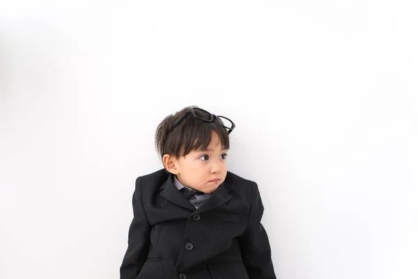 Little Boy Wearing Suit Posing Studio White Background — Stock Photo, Image