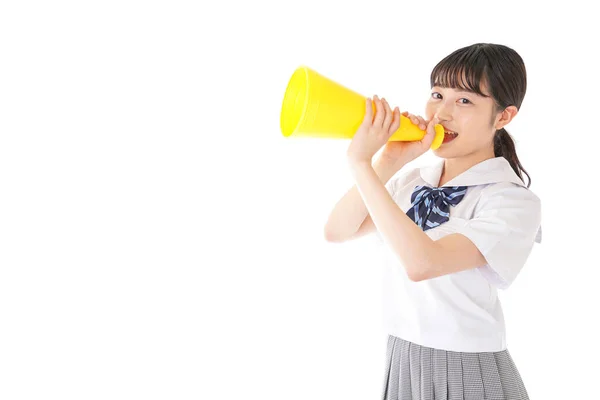 Retrato Asiático Jovem Mulher Com Amarelo Megafone Isolado Branco Fundo — Fotografia de Stock