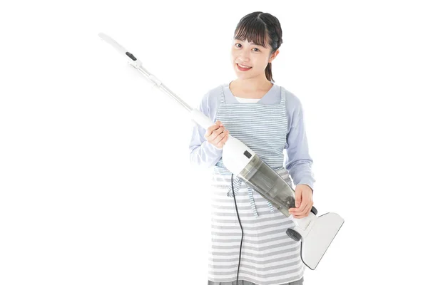 Asian Woman Vacuum Cleaner Isolated White Background — Stock Photo, Image