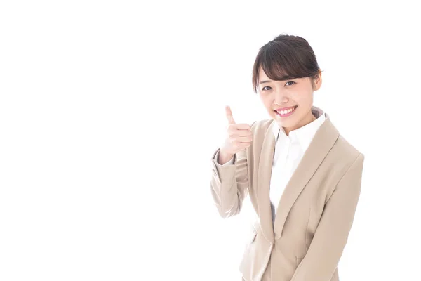 Azjatycki Bizneswoman Pokazując Kciuk Górę Gest Odizolowany Biały Tło — Zdjęcie stockowe