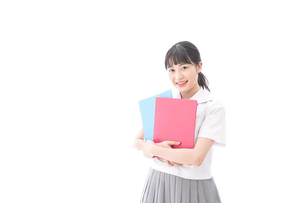 Portret Van Aziatische Jonge Vrouw Schooluniform Holding Mappen Geïsoleerd Witte — Stockfoto