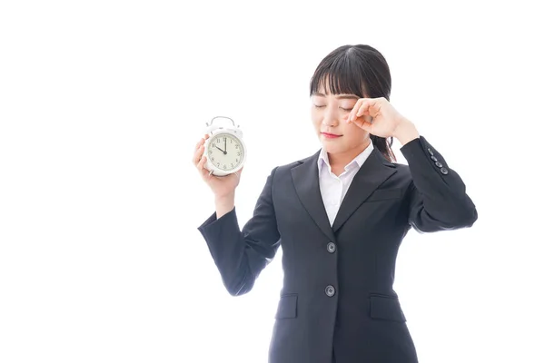 Portrait Asian Young Woman Suit Holding Alarm Clock Isolated White — Stock Photo, Image