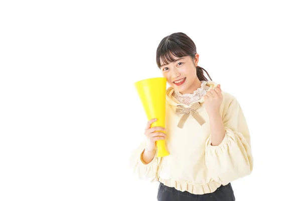 Retrato Asiático Jovem Mulher Com Amarelo Megafone Isolado Branco Fundo — Fotografia de Stock