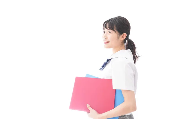 Retrato Asiático Jovem Mulher Escola Uniforme Segurando Pastas Isolado Fundo — Fotografia de Stock