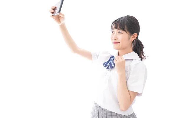 Azjatyckie Kobieta Biorąc Selfie Telefon Komórkowy — Zdjęcie stockowe