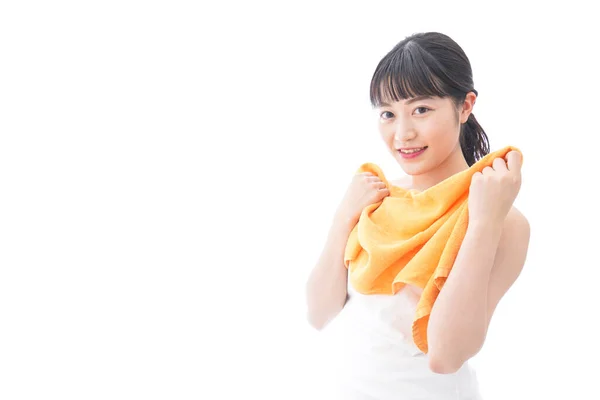 Portrait Une Belle Jeune Femme Asiatique Avec Serviette Orange Isolée — Photo