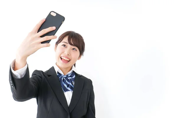 Porträtt Asiatiska Unga Affärskvinna Som Tar Selfie Med Hjälp Smartphone — Stockfoto