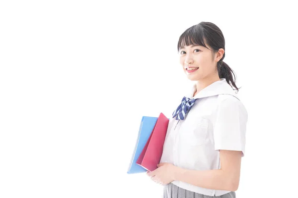 Retrato Asiático Jovem Mulher Escola Uniforme Segurando Pastas Isolado Fundo — Fotografia de Stock