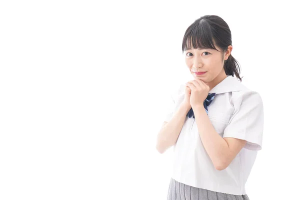 Portrait Asian Young Woman School Uniform Isolated White Background — Stock Photo, Image