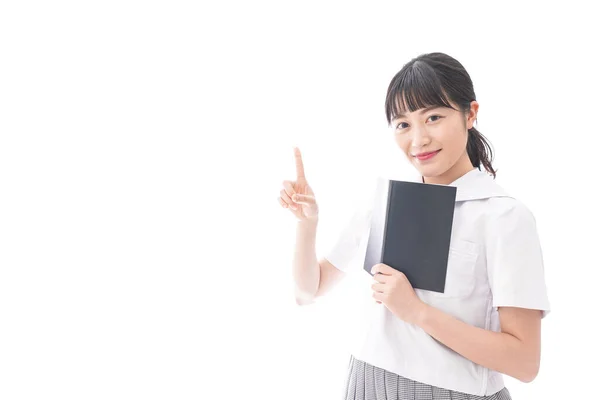 Portrait Asian Young Woman School Uniform Holding Book Isolated White — Stock Photo, Image