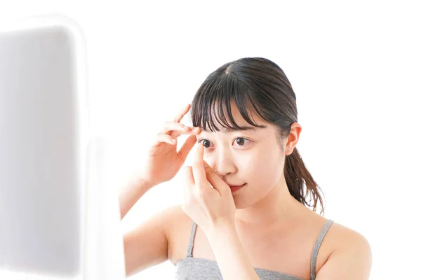 Retrato Asiático Jovem Mulher Usando Olho Lentes Isolado Branco Fundo — Fotografia de Stock