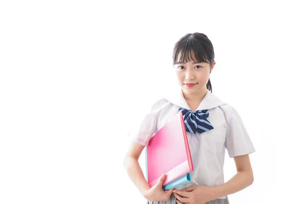 Porträtt Asiatisk Ung Kvinna Skolan Uniform Innehav Mappar Isolerade Vit — Stockfoto
