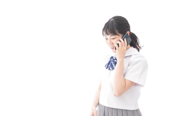 Retrato Asiático Joven Mujer Escuela Uniforme Hablando Por Teléfono — Foto de Stock