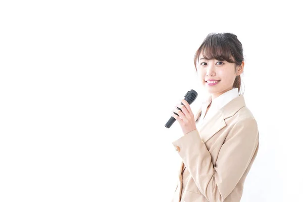 Giovane Donna Affari Con Microfono Isolato Sfondo Bianco — Foto Stock