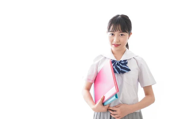 Portrét Asijské Mladé Ženy Školní Uniformě Držení Složek Izolované Bílém — Stock fotografie