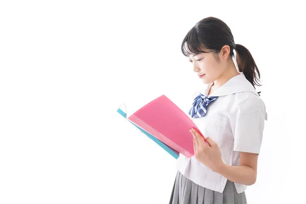 Retrato Asiático Jovem Mulher Escola Uniforme Segurando Pastas Isolado Fundo — Fotografia de Stock